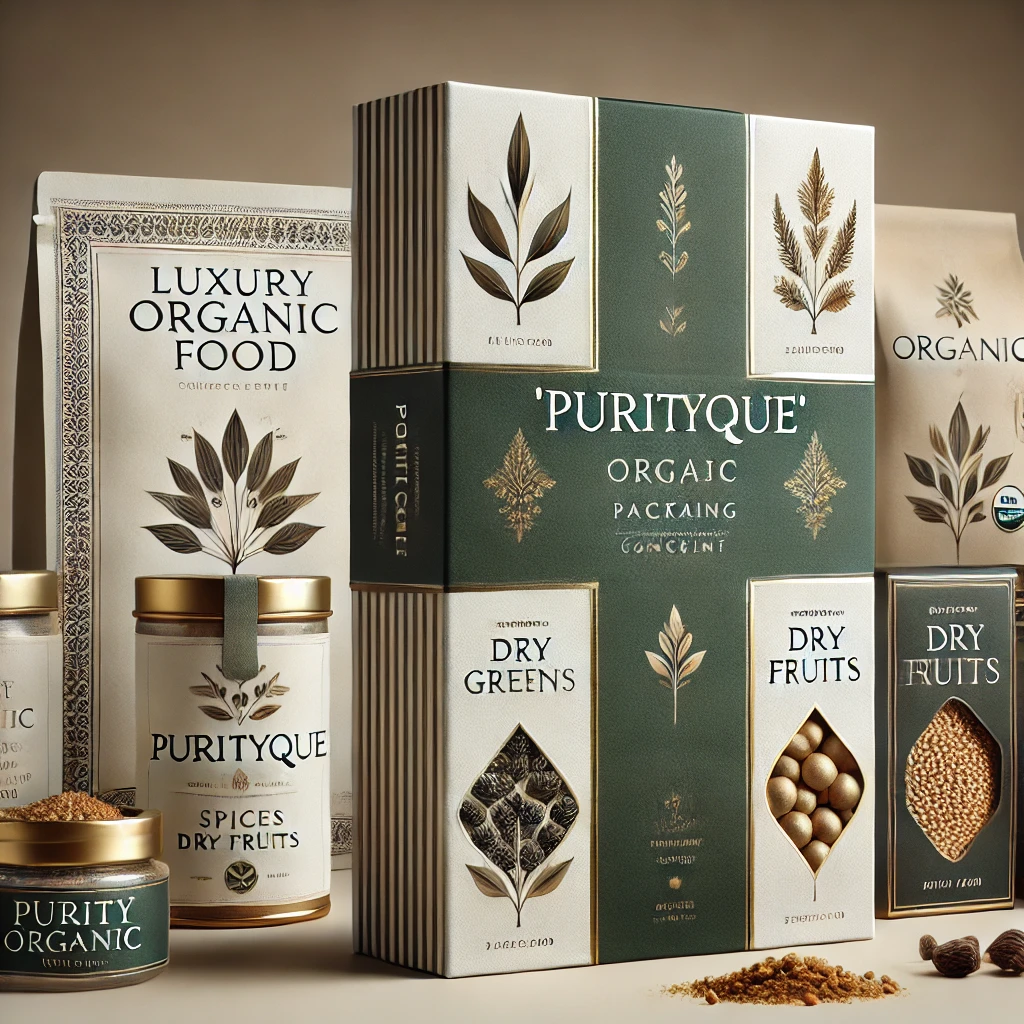 DALL·E 2025-02-20 03.06.57 - A luxury organic food packaging concept for 'PURITYQUE'. The packaging should be minimalist and high-end, featuring a sophisticated color palette of d